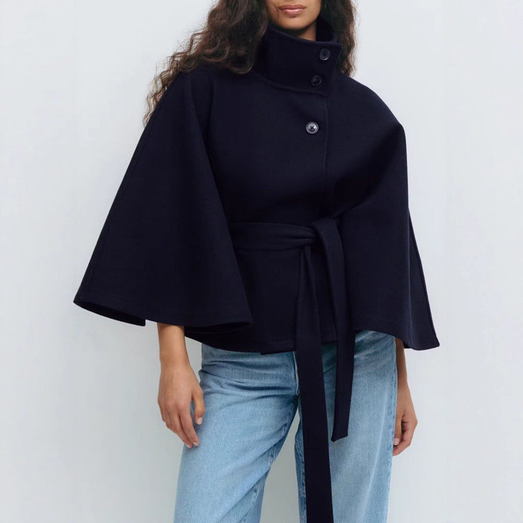 Winter High Neck Batwing With Belt Fashion Loose Elegant Button Top Trench Coat For Women Clothing