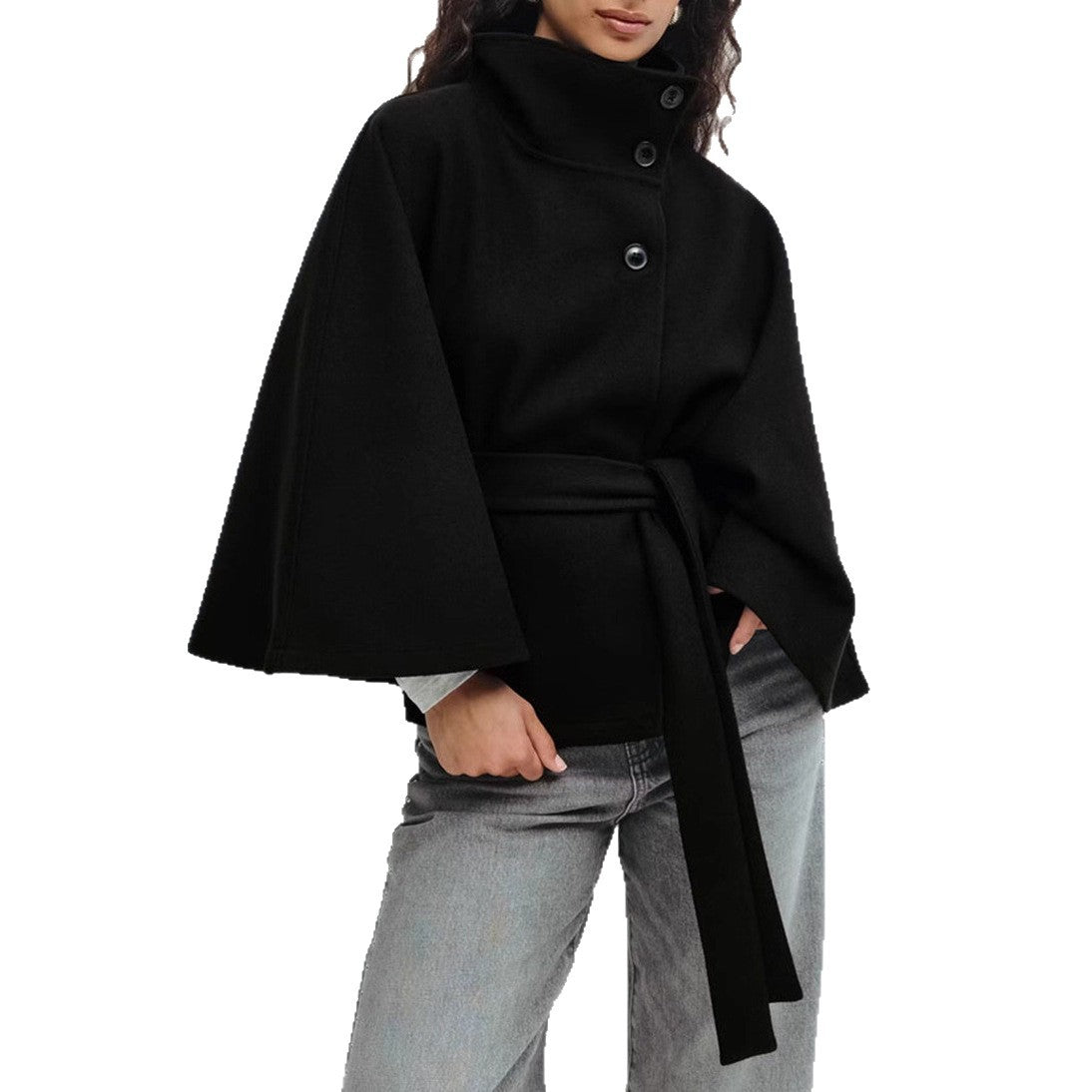 Winter High Neck Batwing With Belt Fashion Loose Elegant Button Top Trench Coat For Women Clothing